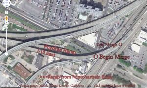 Notice The short Merge point, and that there are 3 lanes merging, with 2 lanes for I-10 & Claiborne gets its own lane (See lane change link)